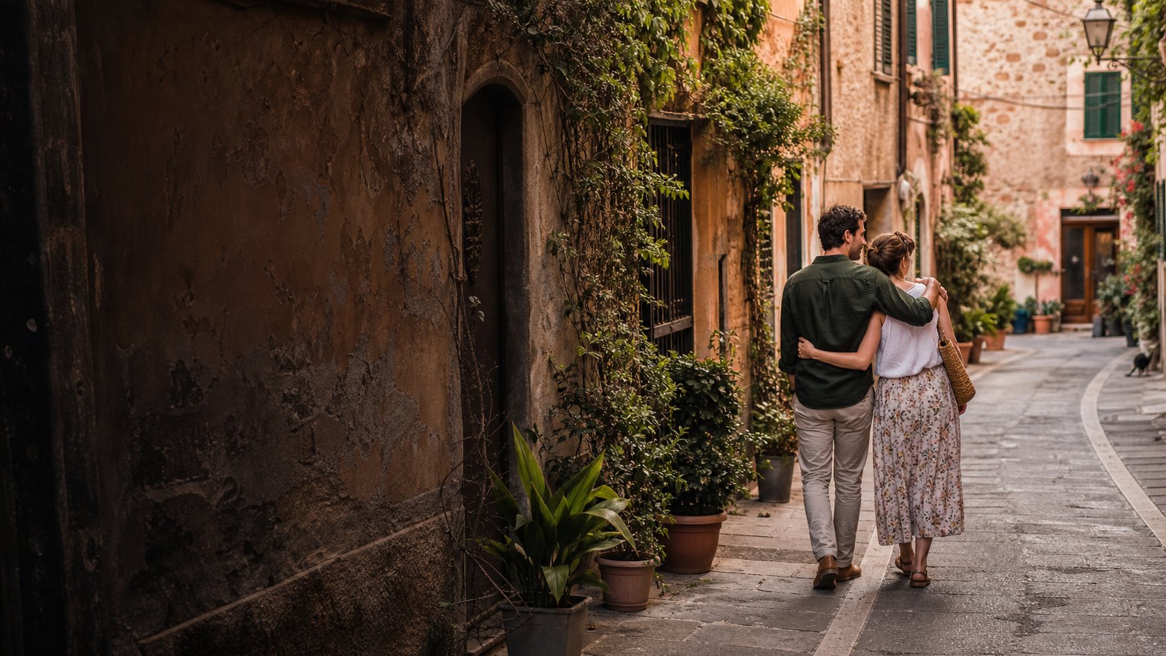 Paar schlendert durch eine kleine italienische Gasse
