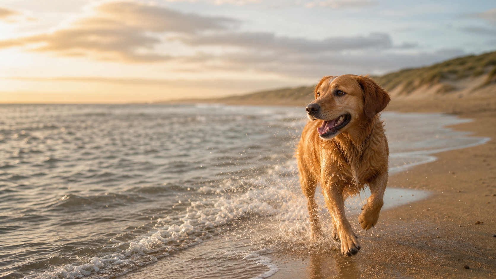 Hund läuft voller Freude am Meer entlang