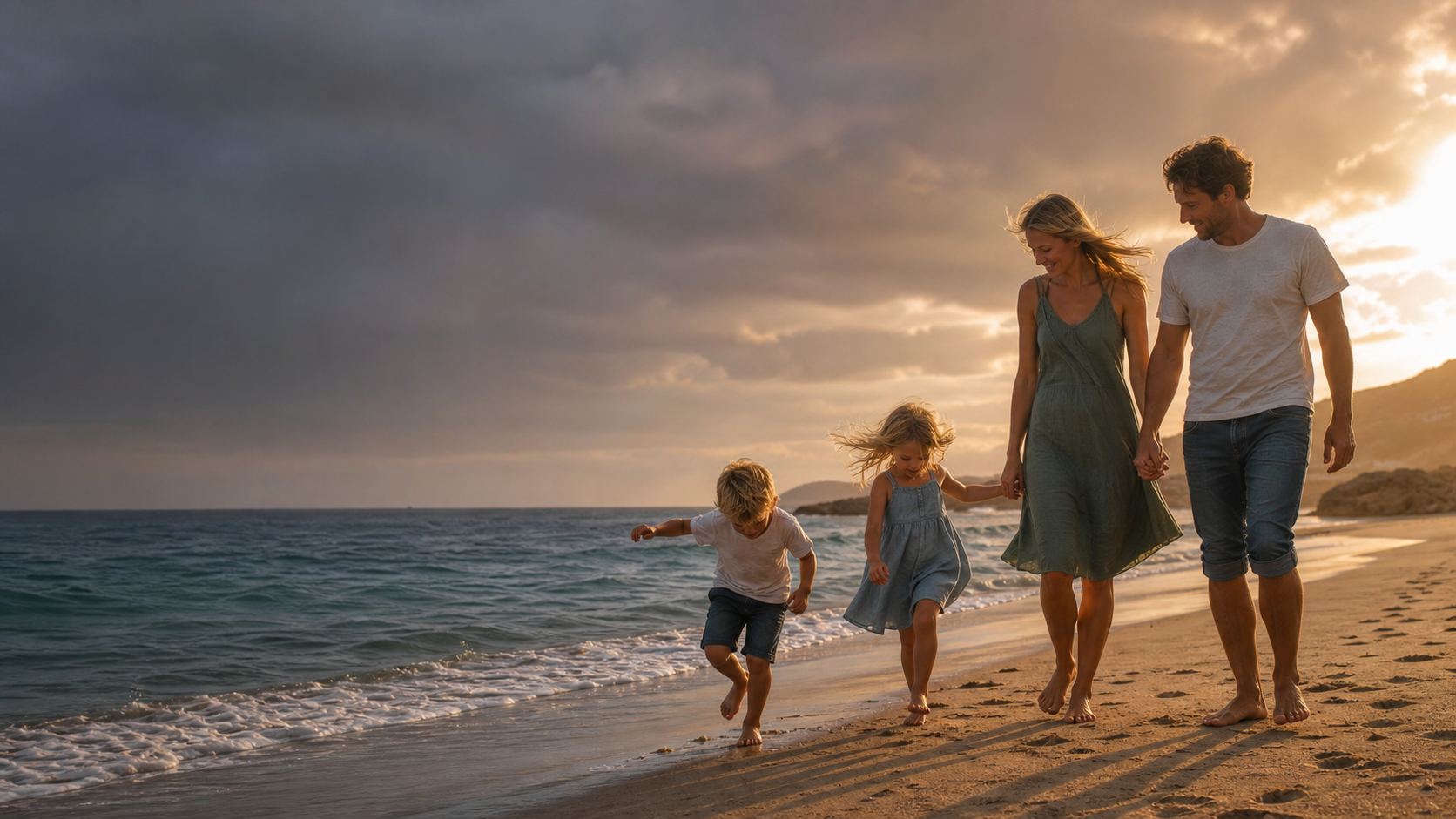 Familie genießt gemeinsam einen ruhigen Abend am Strand