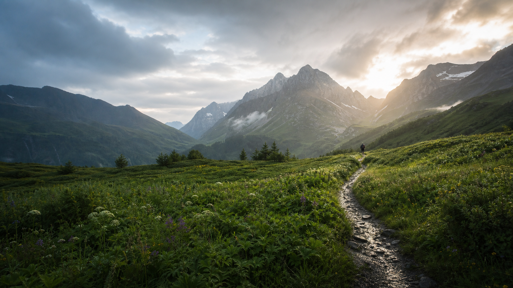 Wanderweg führt durch eine Berglandschaft zum Horizont
